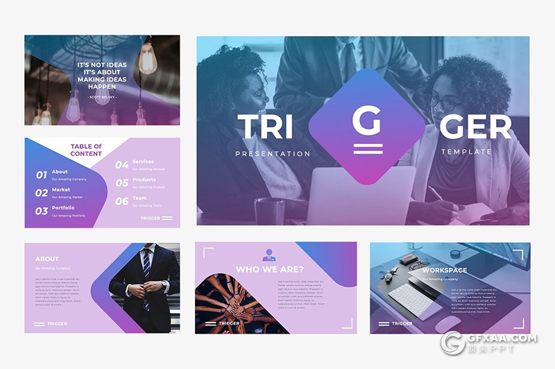 50页创意圆角多边形蓝紫渐变色欧美商务多用途PPT模板 - 顶尖PPT