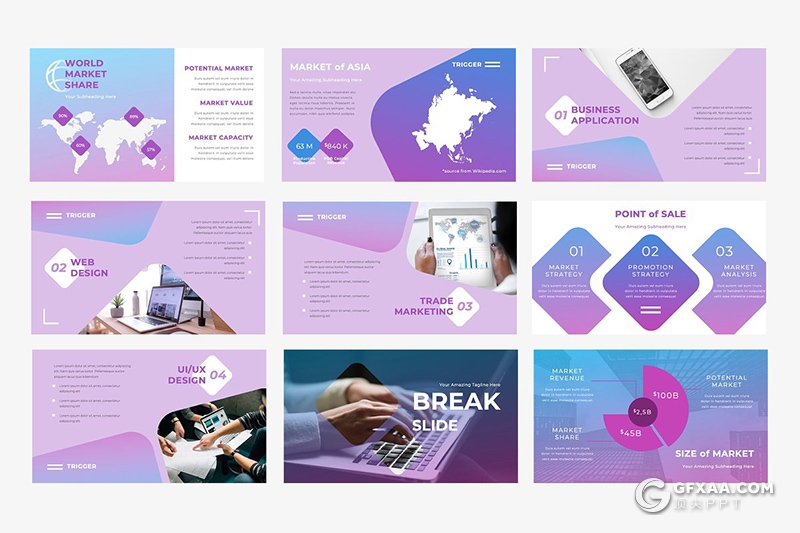 50页创意圆角多边形蓝紫渐变色欧美商务多用途PPT模板 - 顶尖PPT