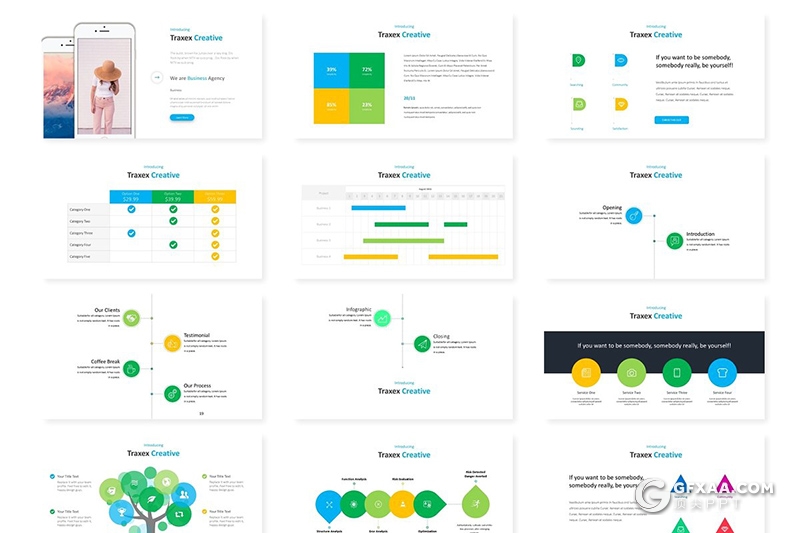 30页扁平化小清新风格商务工作汇报PPT模板 5种主题配色 - 顶尖PPT