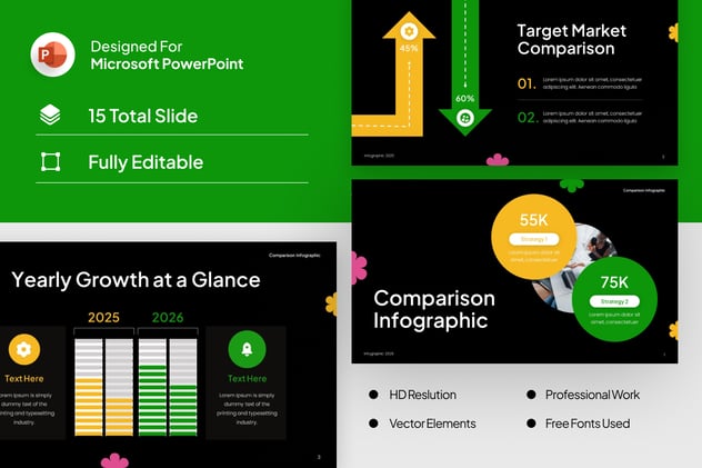 黄绿色数据比较信息图形PPT模板 - 顶尖PPT