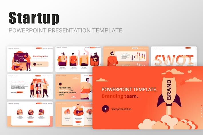 橙色创业启动项目矢量插画PPT模板 - 顶尖PPT