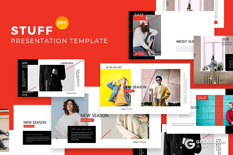 50页简约时尚风格模特写真流行服装展示PPT模板 - 顶尖PPT