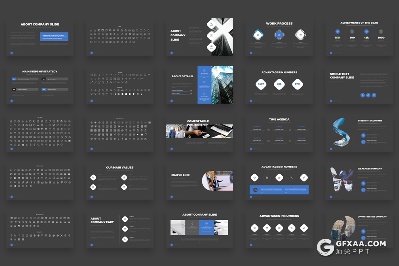 105页黑白两种底色欧美蓝色商务统计工作汇报PPT模板 - 顶尖PPT