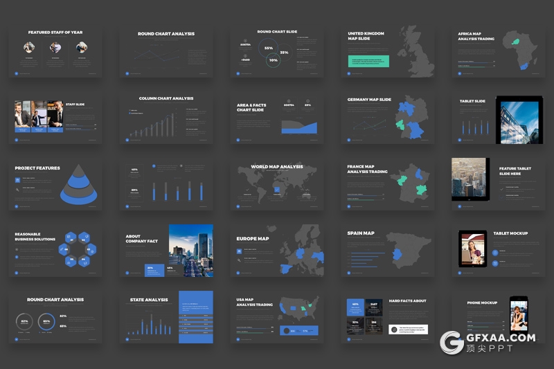 105页黑白两种底色欧美蓝色商务统计工作汇报PPT模板 - 顶尖PPT