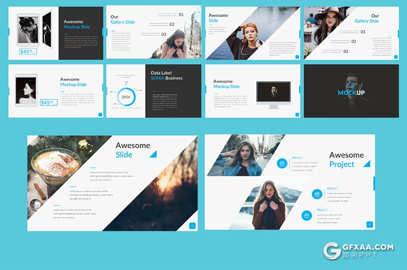 56页扁平化商务风格国外多用途Google slides模板 10种主题配色 - 顶尖PPT