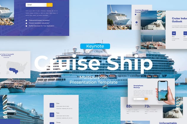 蓝色海洋风邮轮旅游行程介绍Keynote模板 - 顶尖PPT