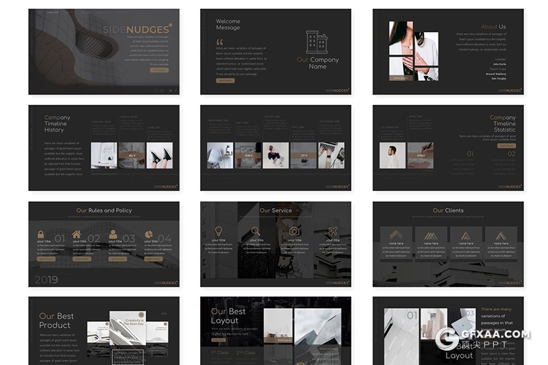 30页土豪金配色国外简约风公司团队介绍业务展示PPT模板 5种主题配色 - 顶尖PPT