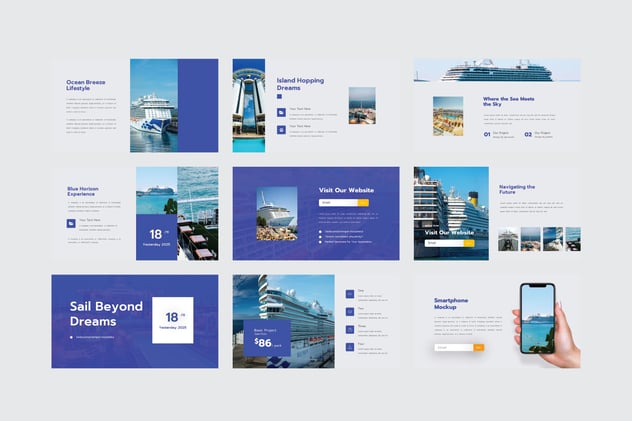 蓝色海洋风邮轮旅游行程介绍Keynote模板 - 顶尖PPT