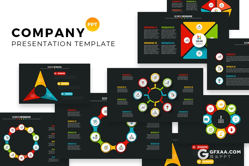 62页黑底色色彩创意商务图形PPT模板图形图表逻辑图形分析图形ppt - 顶尖PPT