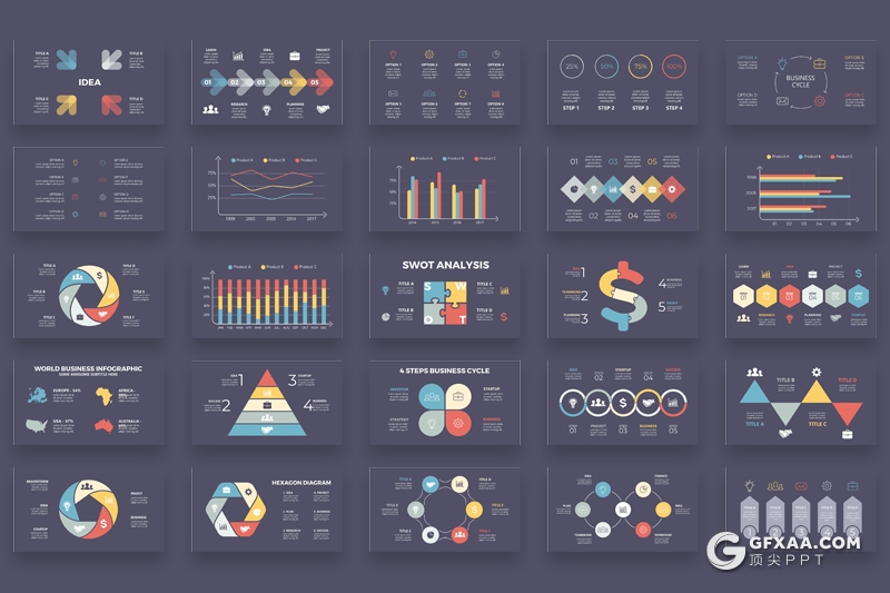 165页彩色创意商务图形设计ppt模板数据逻辑分析多种类型ppt图形模板 - 顶尖PPT