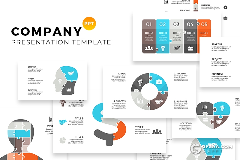 22页创意积木拼合商务图形ppt模板 - 顶尖PPT