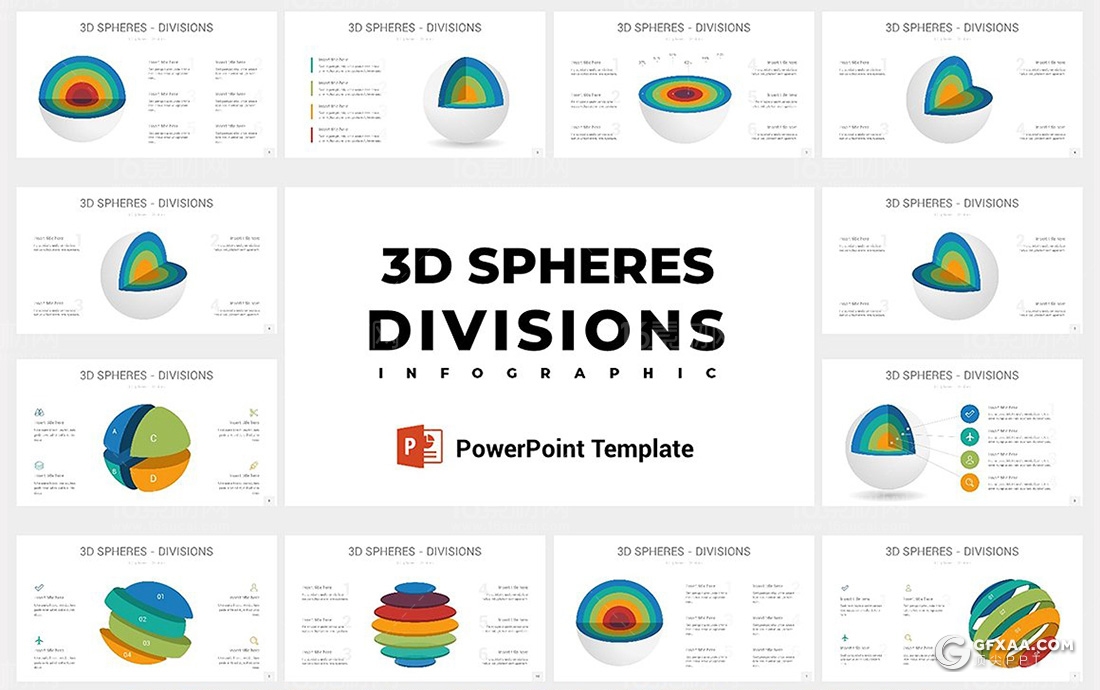 10页色彩创意3D立体分层圆形信息图形PPT模板 - 顶尖PPT