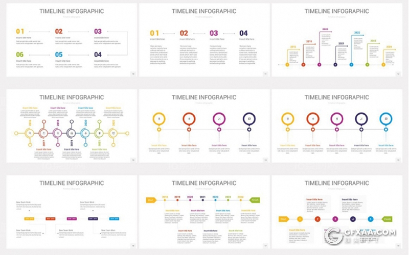 37页彩色创意多种样式时间轴图形PPT模板 - 顶尖PPT
