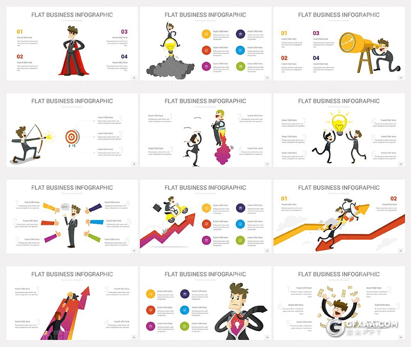 38页扁平化创意商务信息图形卡通人物图形插画PPT模板 - 顶尖PPT