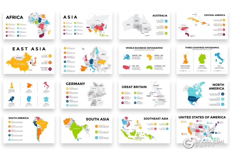 19页彩色世界各国地图PPT+keynote图形模板 - 顶尖PPT