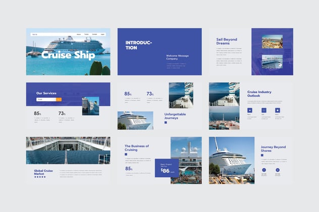 蓝色海洋风邮轮旅游行程介绍Keynote模板 - 顶尖PPT