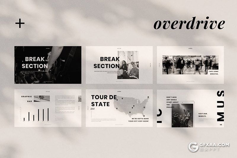 50极简黑白文艺风格演唱会活动现场策划图片展示PPT模板 - 顶尖PPT