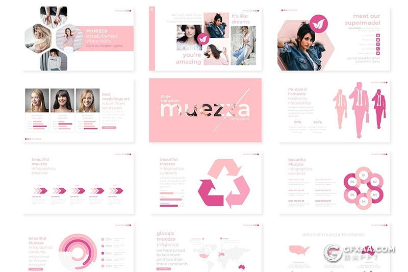 30页小清新风格女性模特写照自拍照展示PPT模板 5种主题配色 - 顶尖PPT