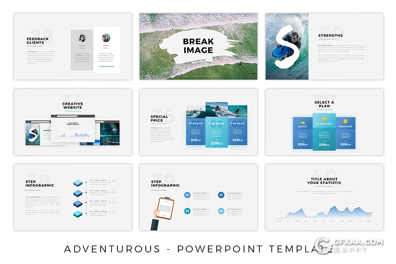 57页海上冲浪探险介绍展示PPT模板 10种主题配色 - 顶尖PPT