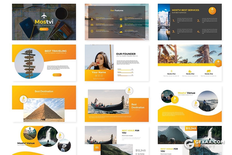 30页渐变配色旅游景区介绍分析调研Google slides模板 5种主题配色 - 顶尖PPT