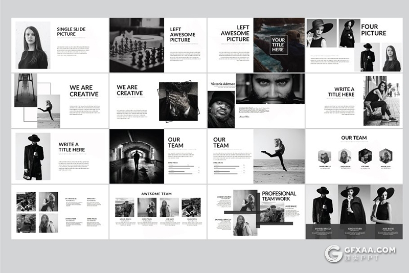 75页黑白时尚杂志风格摄影图片展示PPT模板 - 顶尖PPT