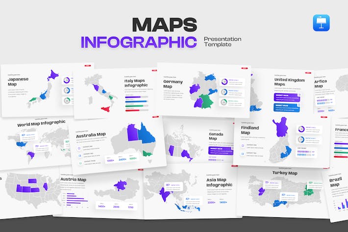 渐变色世界各个国家地图keynote模板 - 顶尖PPT