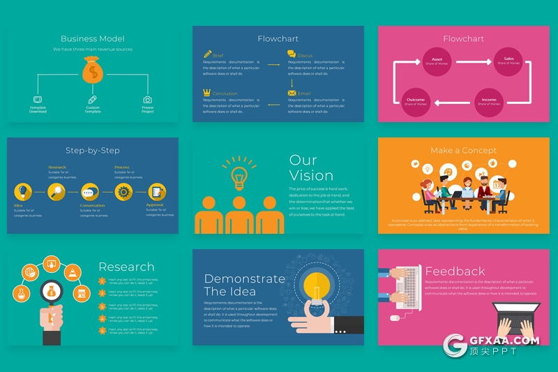 57页扁平化创意卡通人物图形插画PPT模板 - 顶尖PPT