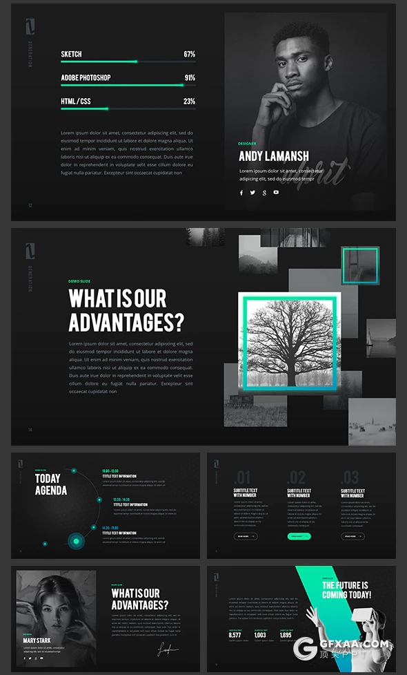 33页动画黑底渐变色数据分析统计市场调研分析通用PPT模板 10种主题配色 - 顶尖PPT