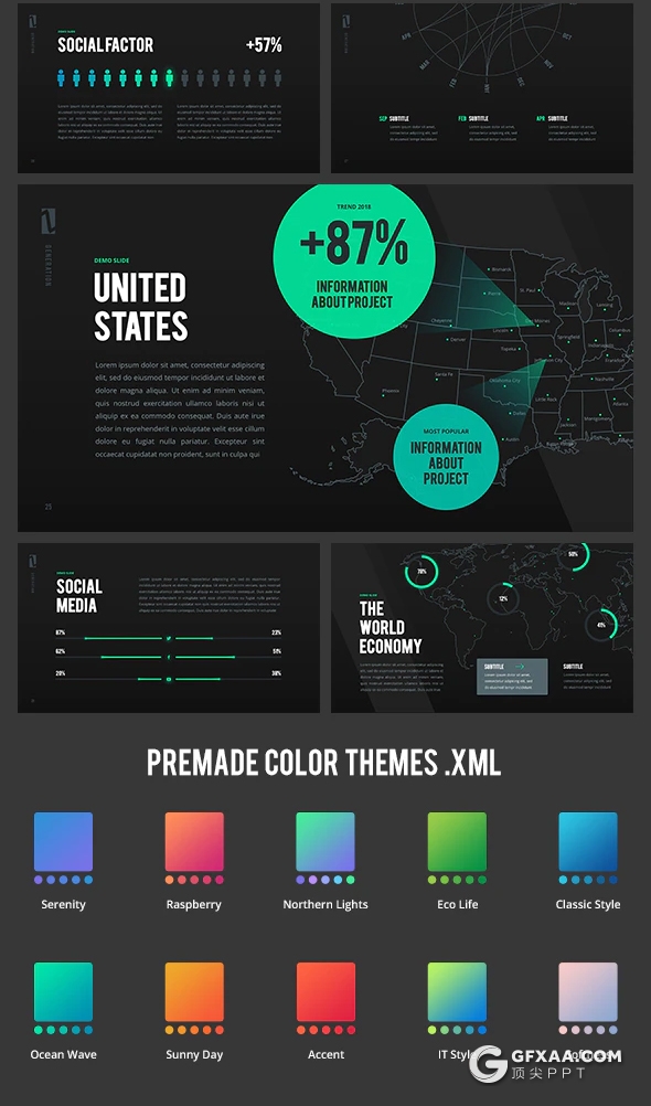 33页动画黑底渐变色数据分析统计市场调研分析通用PPT模板 10种主题配色 - 顶尖PPT