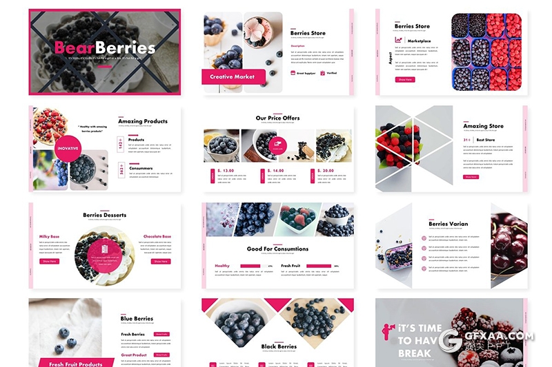 30页扁平化水果介绍展示Google slides模板 5种主题配色 - 顶尖PPT