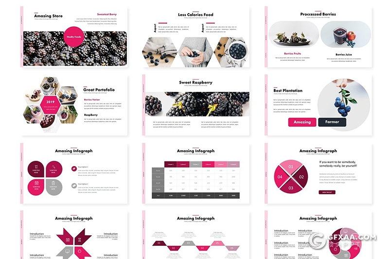 30页扁平化水果介绍展示Google slides模板 5种主题配色 - 顶尖PPT