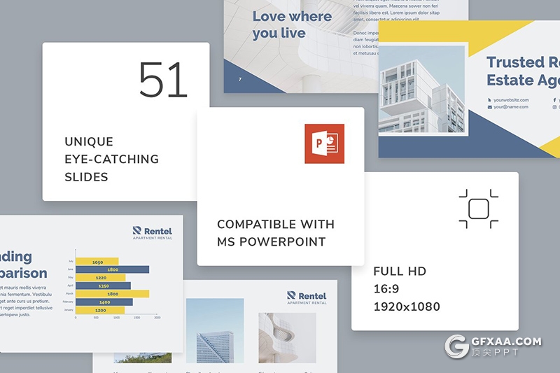 51页国外扁平化房屋出售出租行业业务展示介绍PPT模板 - 顶尖PPT