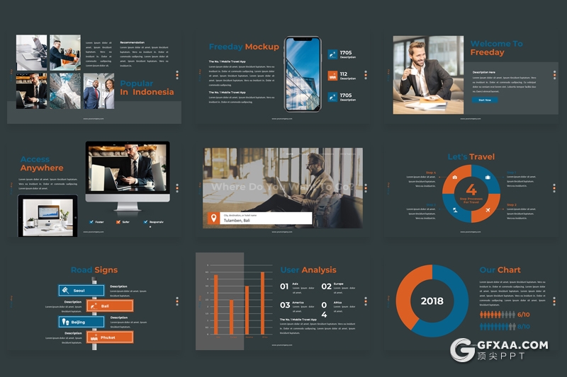 30页扁平化商务工作汇报企业介绍16:9和4:3尺寸ppt模板3种配色 - 顶尖PPT
