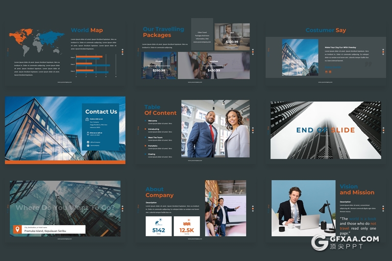 30页扁平化商务工作汇报企业介绍16:9和4:3尺寸ppt模板3种配色 - 顶尖PPT