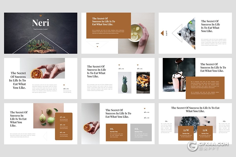 30页扁平化简约风格水果食物介绍展示Google slides模板5种主题配色 - 顶尖PPT