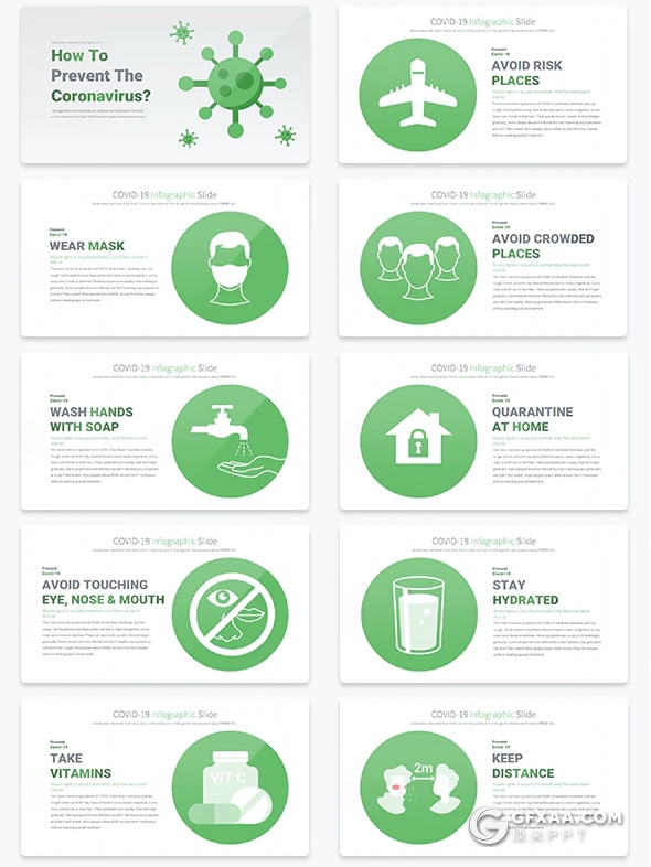 30页卡通图形预防新冠状病毒传播传染信息图形图标keynote模板11种配色主题 - 顶尖PPT