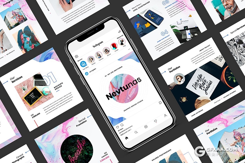 30页方形模板社交朋友圈九宫格图社交平台宣传Google slides模板 - 顶尖PPT