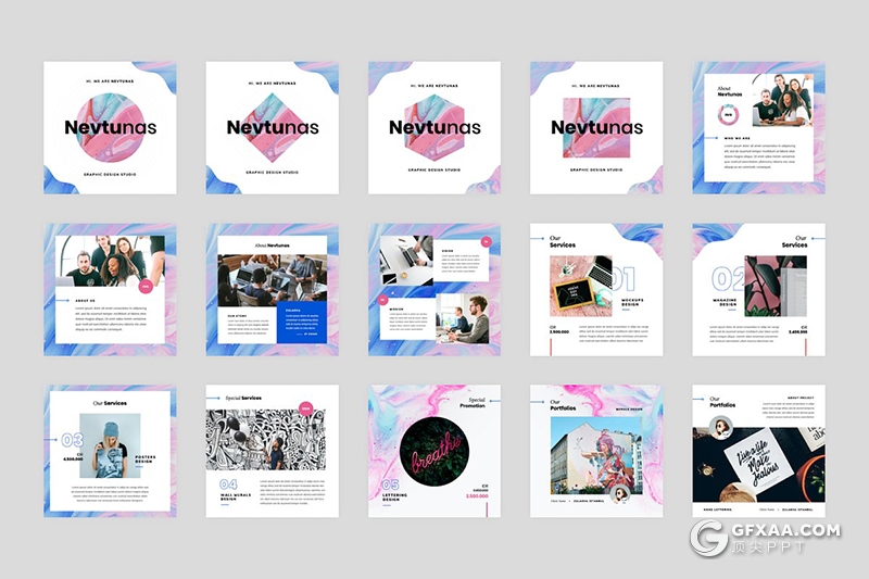 30页方形模板社交朋友圈九宫格图社交平台宣传Google slides模板 - 顶尖PPT