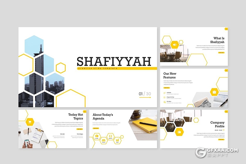 30页创意六边形组合设计商务多用途Google slides模板5种主题配色 - 顶尖PPT