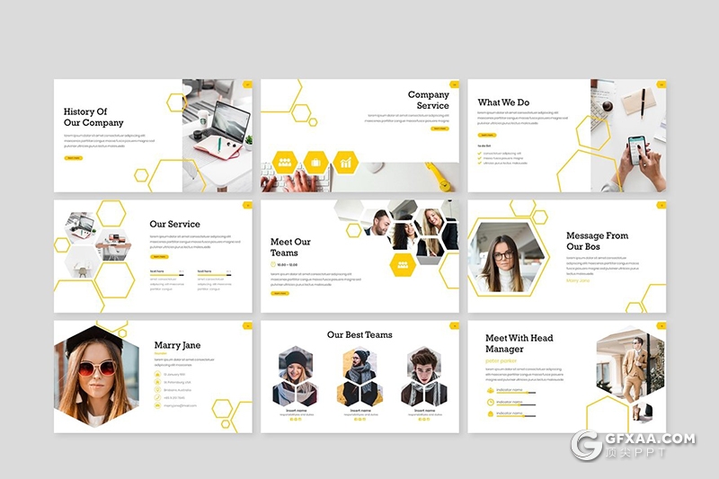 30页创意六边形组合设计商务多用途Google slides模板5种主题配色 - 顶尖PPT