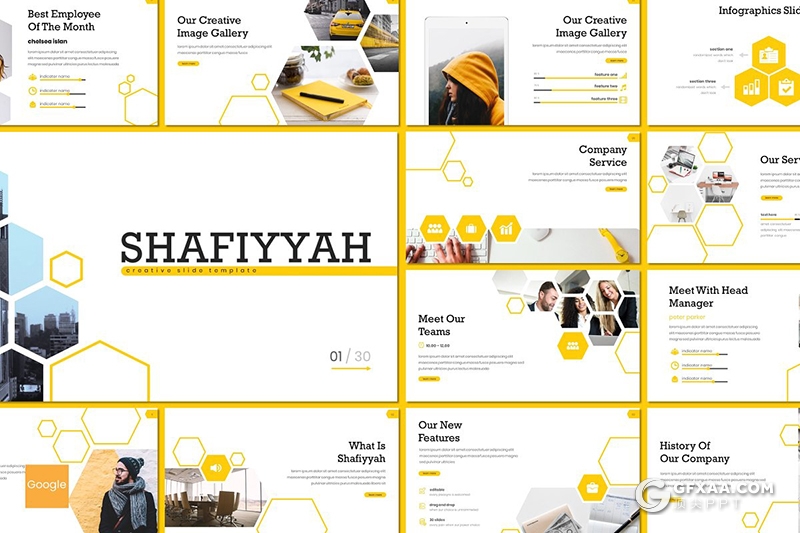 30页创意六边形组合设计商务多用途Google slides模板5种主题配色 - 顶尖PPT