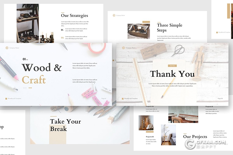 30页木材手工艺品宣传产品工艺介绍展示Google slides模板 - 顶尖PPT
