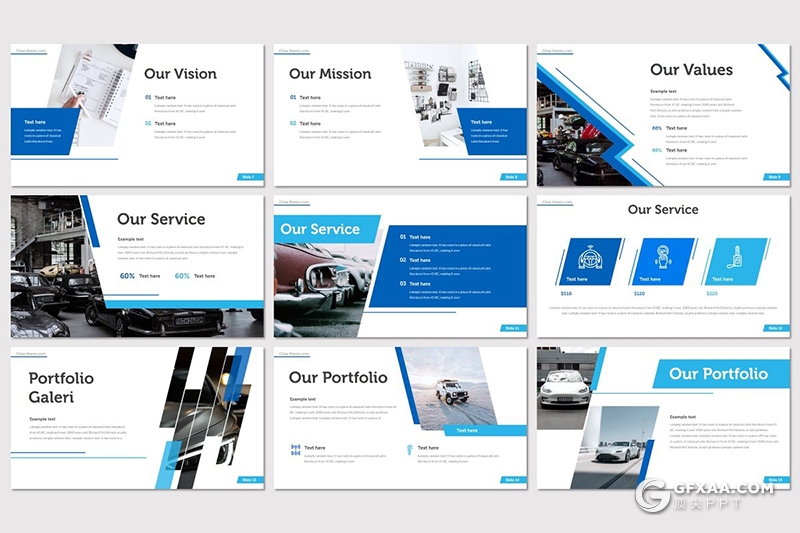 30页汽车维修服务行业主题Google slides模板5种主题配色 - 顶尖PPT