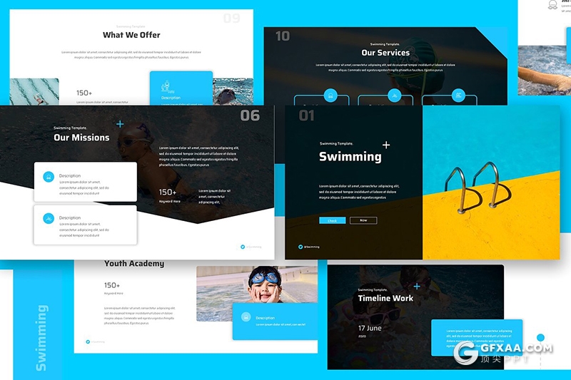 34页游泳主题游泳俱乐部项目宣传介绍PPT模板 - 顶尖PPT