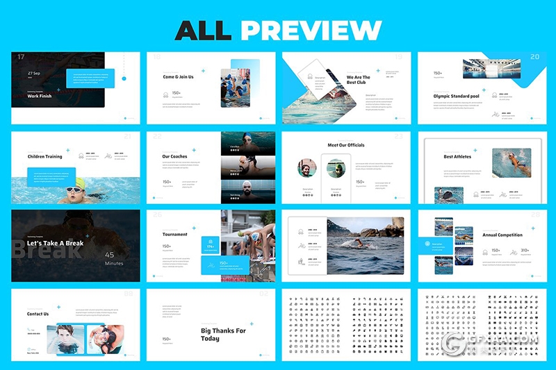 34页游泳主题游泳俱乐部项目宣传介绍PPT模板 - 顶尖PPT