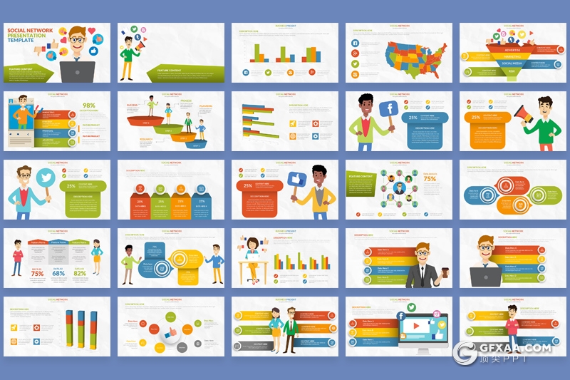 25页社交网络概念图创意卡通人物信息图形PPT模板 附带1000矢量图标素材 - 顶尖PPT
