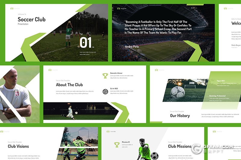 33页绿色足球比赛球队介绍体育运动项目介绍展示keynote模板 赠60张PNG透明足球人物配图 - 顶尖PPT