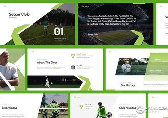 33页绿色足球比赛球队介绍体育运动项目介绍展示PPT模板 赠60张PNG透明足球人物配图 - 顶尖PPT