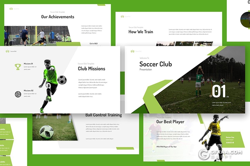 33页绿色足球比赛球队介绍体育运动项目介绍展示keynote模板 赠60张PNG透明足球人物配图 - 顶尖PPT