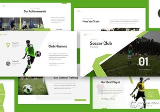 33页绿色足球比赛球队介绍体育运动项目介绍展示Google slides模板 赠60张PNG透明足球人物配图 - 顶尖PPT